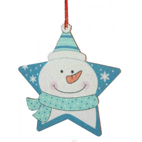 Χριστουγεννιάτικο Κρεμαστό Αστέρι Χιονάνθρωπος, με Γαλάζιο Σκουφάκι (12cm)